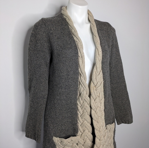 Anthro Sparrow Grey Braided Tan Wool Open Cardigan Sweater M - Picture 5 of 11
